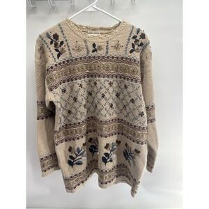 Womens vintage-hand-embroidered‎ beige sweater floral & geometric M flaws